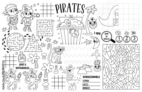 Vector pirate placemat for kids. Treasure hunt printable activity mat with maze  tic tac toe charts  connect the dots  find difference. Sea adventure black and white play mat or coloring page.