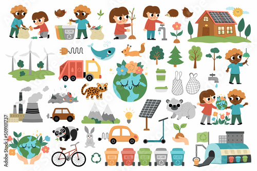 Vector ecological set for kids. Earth day collection with cute children, planet, waste recycling concept. Environment friendly pack with alternative energy, solar panels, endangered animals.