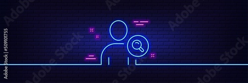 Neon light glow effect. Search User line icon. Profile Avatar with Magnifying glass sign. Person silhouette symbol. 3d line neon glow icon. Brick wall banner. Find user outline. Vector