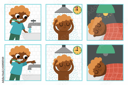 Ecological vector set with children. Cute eco friendly kids collection. Boys saving water and energy. Earth day concept. Environment care illustration. Kid brushing teeth, sleeping, taking shower.