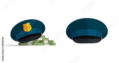 Corruption bribery concept vector or money security guard with police cop officer hat isolated flat cartoon image illustration, idea of penalty cash arrest or criminal fine, law finance crime graphic