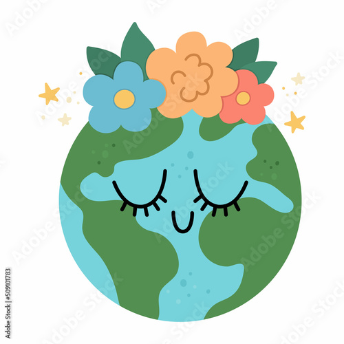 Vector earth for kids. Earth day illustration with cute kawaii smiling planet with closed eyes. Environment friendly icon with globe and flowers on top. Ecological concept.
