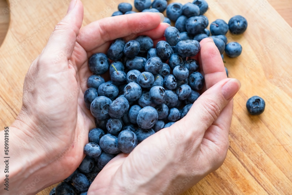 Food healthy blueberry berry organic. vegetarian harvest. A woman sprinkles blueberries with her hands. Food healthy blueberry berry organic. vegetarian harvest. A woman sprinkles blueberries with her hands.