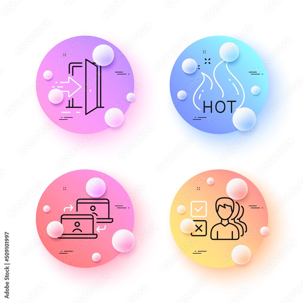 Entrance, Opinion and Outsource work minimal line icons. 3d spheres or balls buttons. Hot sale icons. For web, application, printing. Open door, Choose answer, Remote job. Shopping flame. Vector Entrance, Opinion and Outsource work minimal line icons. 3d spheres or balls buttons. Hot sale icons. For web, application, printing. Open door, Choose answer, Remote job. Shopping flame. Vector