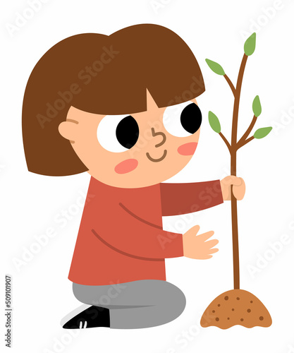 Girl seeding plant icon. Cute eco friendly kid. Child planting a tree. Earth day or healthy lifestyle concept.
