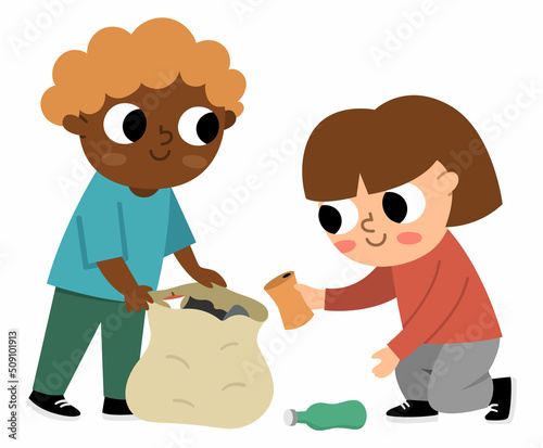Cute eco friendly kids collecting waste. Boy and girl caring of environment, sorting rubbish. Earth day illustration. Ecological vector concept with children picking up and gathering trash.