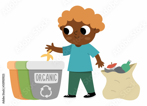 Cute eco friendly kid sorting waste. Boy caring of environment, sorting out rubbish. Earth day illustration. Ecological vector concept with child picking up trash.
