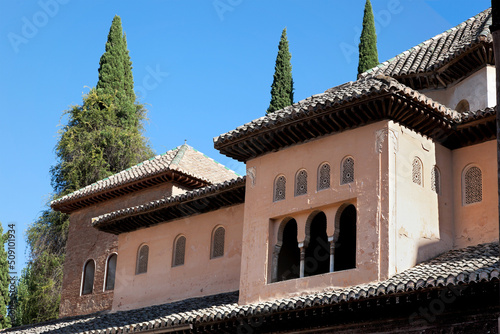 Alhambra  rooftops, blue sky and cypress trees.