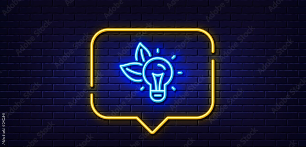 Neon light speech bubble. Eco energy line icon. Lightbulb sign. Electric power symbol. Neon light background. Eco energy glow line. Brick wall banner. Vector Neon light speech bubble. Eco energy line icon. Lightbulb sign. Electric power symbol. Neon light background. Eco energy glow line. Brick wall banner. Vector