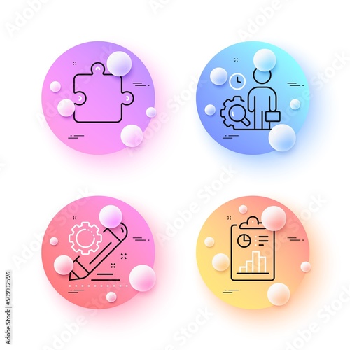Project edit, Puzzle and Inspect minimal line icons. 3d spheres or balls buttons. Report icons. For web, application, printing. Settings, Puzzle piece, Work quality. Survey clipboard. Vector