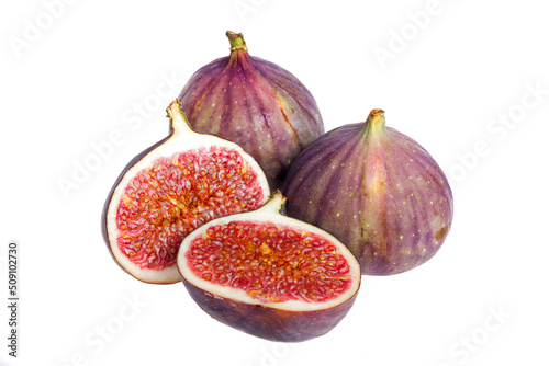 Fresh figs, whole and cut, isolated on a white background. 