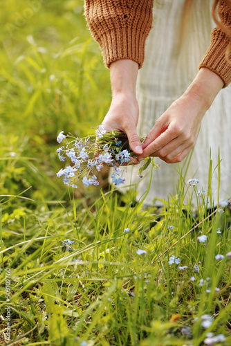 young woman plucks wild blue flowers in the green park on summer sunny day. girl with curly hair in dress makes bouquet of beautiful flowers. vertical photo