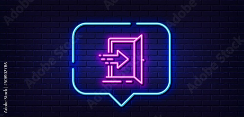 Neon light speech bubble. Entrance line icon. Entry door sign. Building exit symbol. Neon light background. Entrance glow line. Brick wall banner. Vector