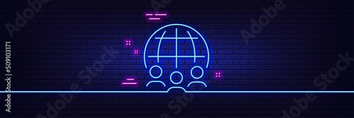 Neon light glow effect. Global business line icon. International outsourcing group sign. Internet marketing symbol. 3d line neon glow icon. Brick wall banner. Global business outline. Vector