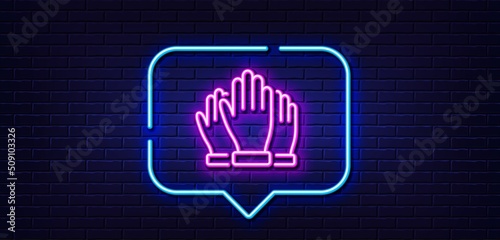 Neon light speech bubble. Vote hands line icon. Election voting sign. Volunteers or referendum symbol. Neon light background. Vote glow line. Brick wall banner. Vector