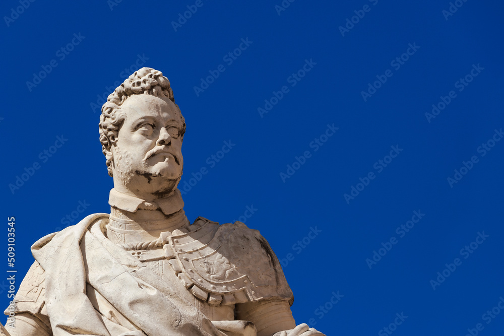 Ferdinando I Medici, Grand Duke of Tuscany. A marble statue erected in 1594 in the historical center of Pisa (with blue sky and copy space)