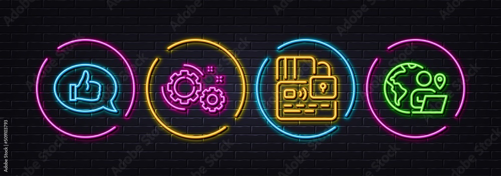 Card, Feedback and Gears minimal line icons. Neon laser 3d lights. Outsource work icons. For web, application, printing. Bank payment, Speech bubble, Work process. Remote worker. Vector