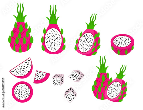 Set of dragon fruits.Collection of pitaya.Whole, slices and half cutted.Sign, symbol, icon or logo isolated.Flat design.Clipart.Fresh and juicy.Cartoon vector illustration.