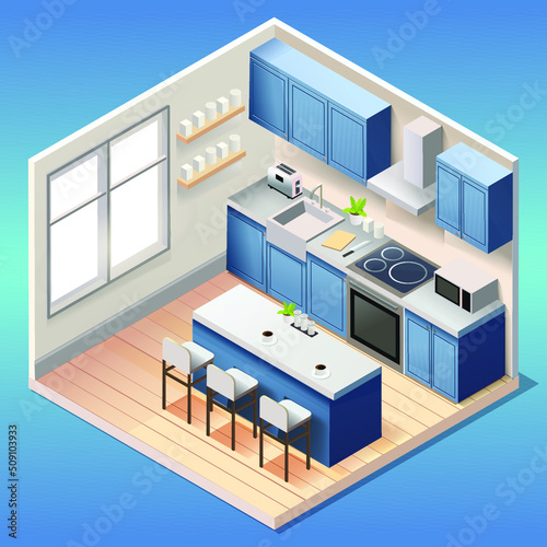 Modern blue kitchen room interior with furniture and household appliances in isometric style