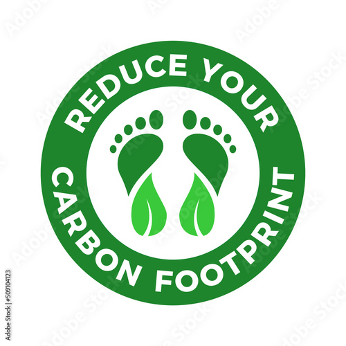 Reduce your carbon footprint logo. Net zero emission. Carbon neutrality icon. Green stamp or badge with two feet with leaves. CO2 reduction concept. Eco awareness. Vector illustration, flat, clip art