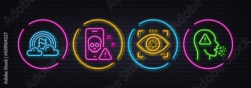 Cyber attack, Eye detect and Lgbt minimal line icons. Neon laser 3d lights. Cough icons. For web, application, printing. Phone virus, Retina check, Rainbow flag. Flu symptom. Vector