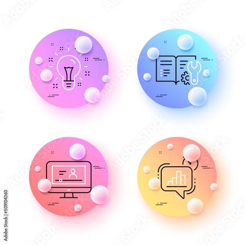 Engineering documentation, Online video and Statistics timer minimal line icons. 3d spheres or balls buttons. Idea icons. For web, application, printing. Manual, Video exam, Growth chart. Vector