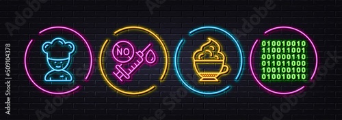 Cappuccino cream, Cooking chef and Coronavirus vaccine minimal line icons. Neon laser 3d lights. Binary code icons. For web, application, printing. Vector