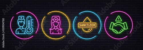 Hand sanitizer, Thermometer and Oculist doctor minimal line icons. Neon laser 3d lights. Dont handshake icons. For web, application, printing. Hygiene care, Temperature control, Optometrist. Vector