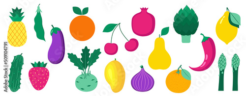 Set of organic fruits, vegetables and berries.