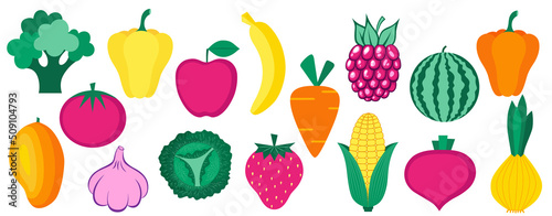 Set of organic fruits, vegetables and berries.