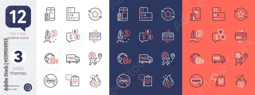 Set of Free delivery, Money currency and Stop stress line icons. Include Card, Loyalty points, Bitcoin project icons. Flight sale, Clipboard, Contactless payment web elements. Hot offer. Vector