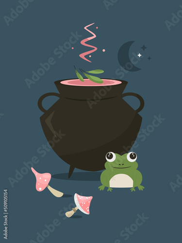 Vector illustration with a witch cauldron and potion, mushrooms and toad photo