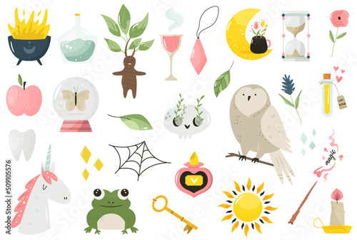 Big set of magical icons and items. Vector image