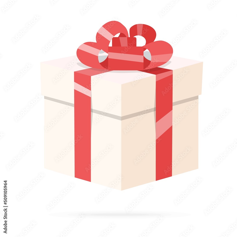 Paper gift box with red tape and bow , on white background . Flat design illustration. Stock vector graphics Paper gift box with red tape and bow , on white background . Flat design illustration. Stock vector graphics