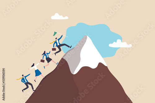 Success business mission, leadership to lead team to achieve goal, challenge or effort to reach target, motivation and teamwork to success, business people team members running to reach mountain peak.