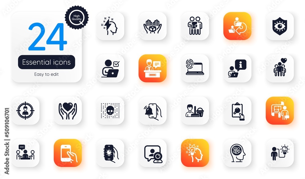 Set of People flat icons. Exhibitors, Headhunting and Hold box elements for web application. Stress, Inspect, Cyber attack icons. Computer fingerprint, Business idea, Plan elements. Vector Set of People flat icons. Exhibitors, Headhunting and Hold box elements for web application. Stress, Inspect, Cyber attack icons. Computer fingerprint, Business idea, Plan elements. Vector