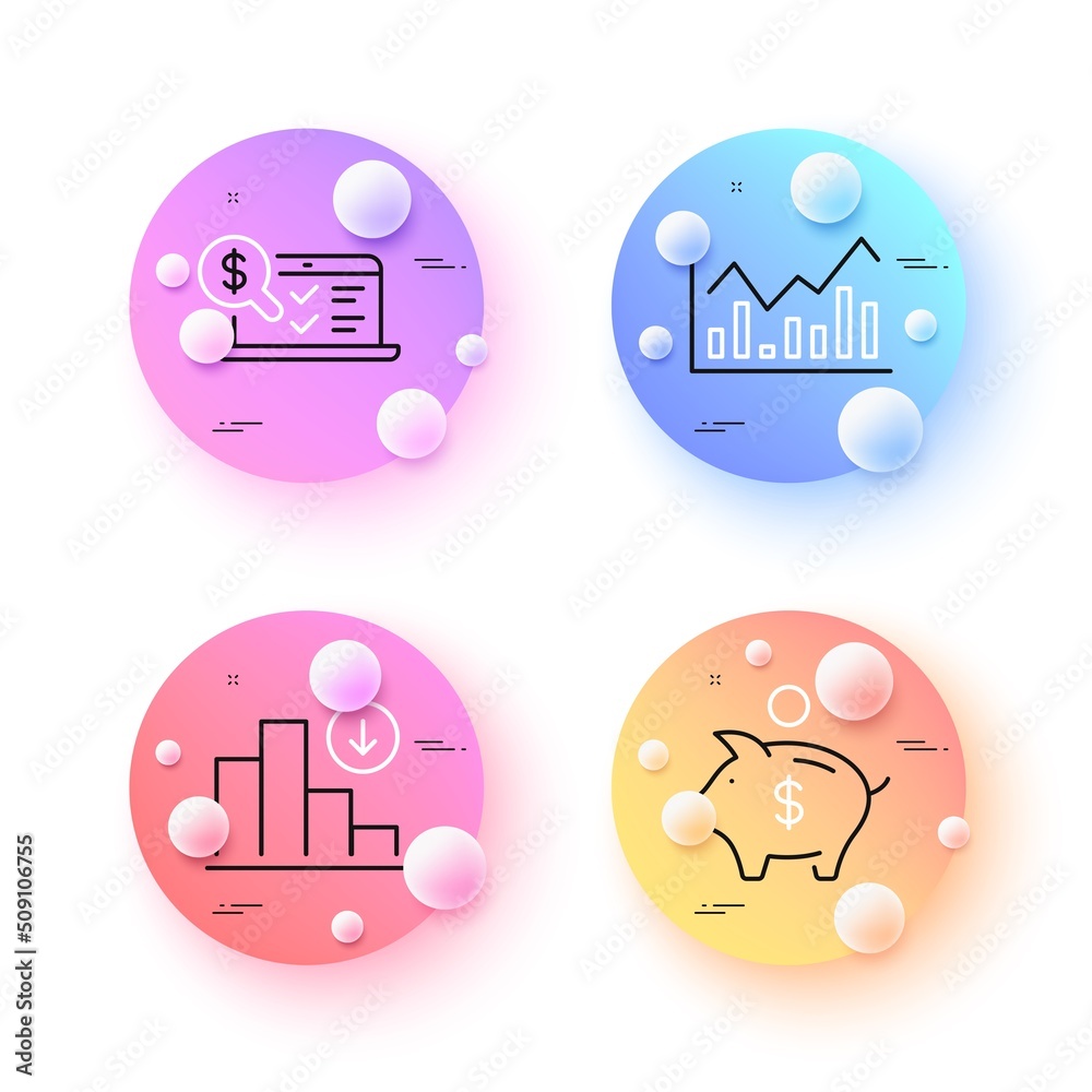 Online accounting, Infochart and Decreasing graph minimal line icons. 3d spheres or balls buttons. Piggy bank icons. For web, application, printing. Web audit, Stock exchange, Crisis chart. Vector Online accounting, Infochart and Decreasing graph minimal line icons. 3d spheres or balls buttons. Piggy bank icons. For web, application, printing. Web audit, Stock exchange, Crisis chart. Vector