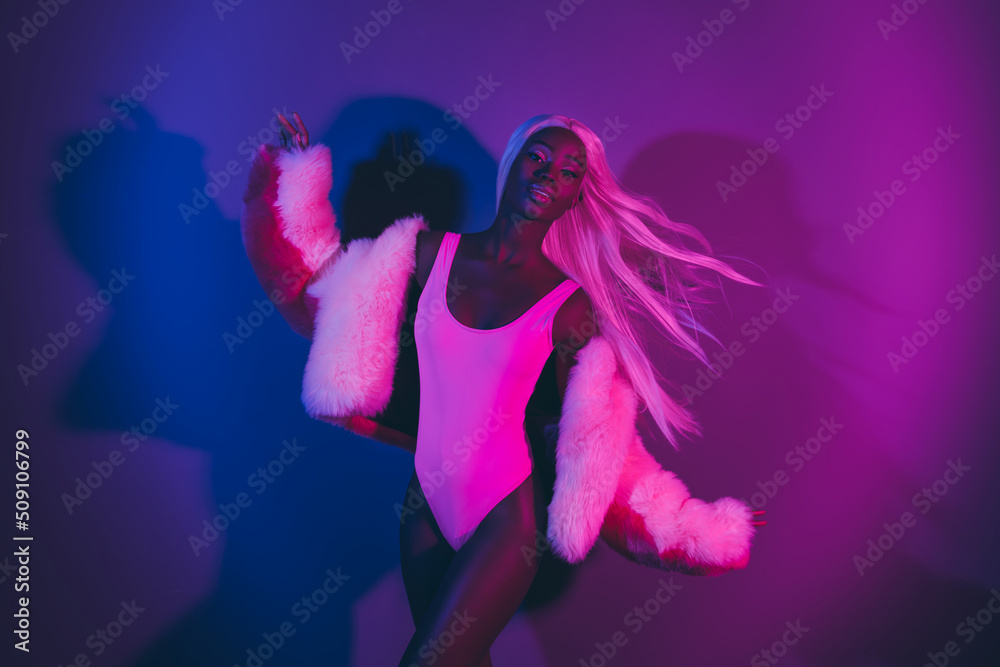 Photo of stunning skinny lady dancing at private bachelor party isolated over glowing vivid pink background