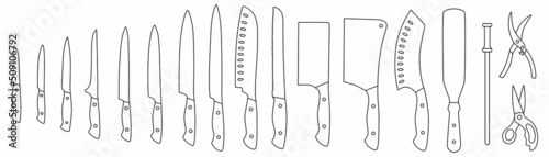 Chef knifes outline set. Editable stroke. Vector stock illustration isolated on white background for design packaging, logo, menu in restaurant. 