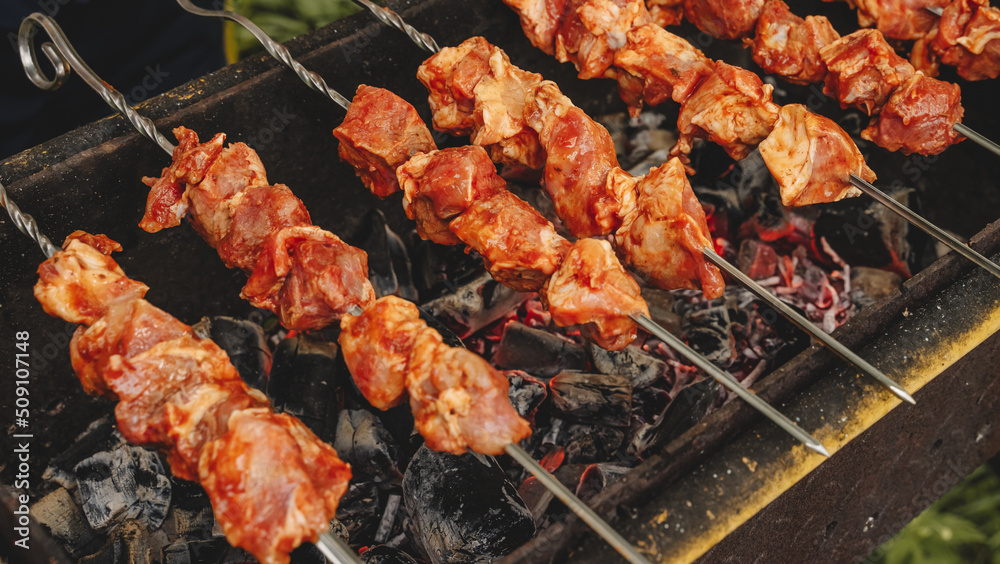 Pork shish kebab cooked on the grill. Pieces of meat marinated in sauce. Pork shish kebab cooked on the grill. Pieces of meat marinated in sauce.