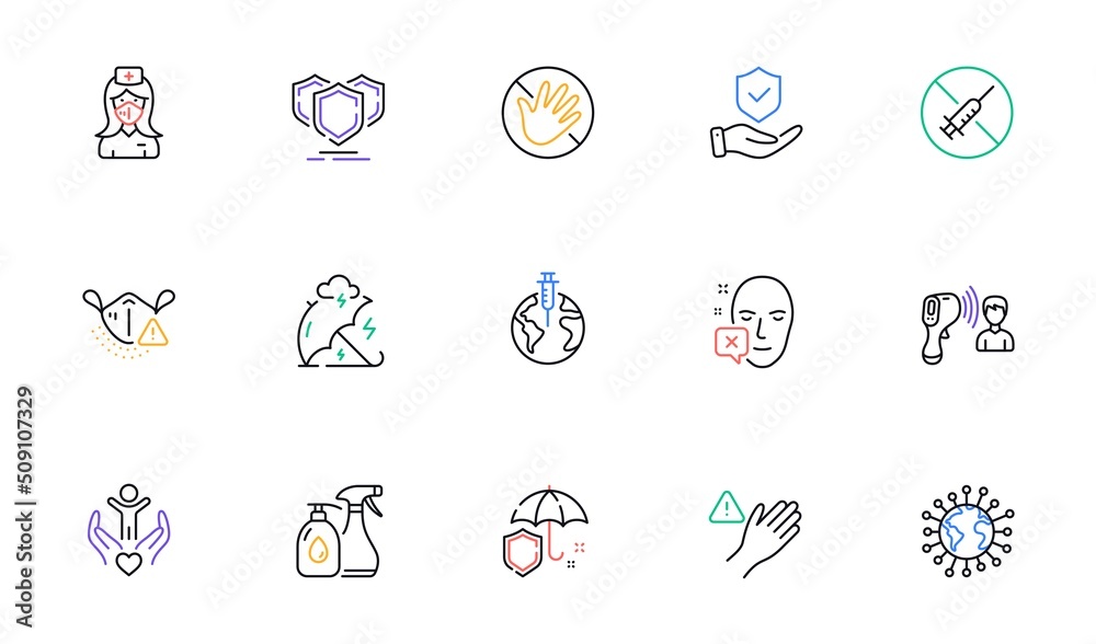 Stress protection, Face declined and Nurse line icons for website, printing. Collection of Cleaning liquids, Volunteer, Umbrella icons. Do not touch, Insurance hand, Coronavirus web elements. Vector