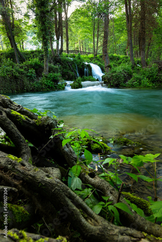 Landscape with waterfalls on Pliva river near Jajce city. Bosnia and Herzegovina.