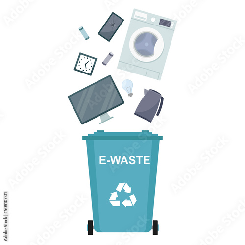Garbage bin with e-waste, electronic waste, recycling garbage, vector illustration