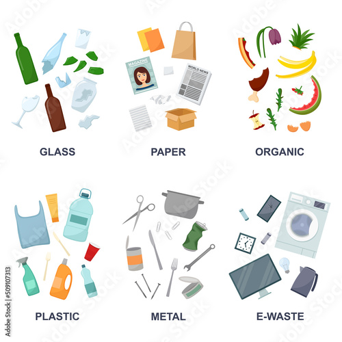 Banners with glass, plastic, paper, organic, metal and e-watse trash, vector illustration