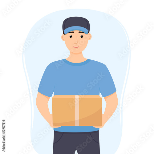 Delivery man in uniform holding box. Delivery service. Vector illustration