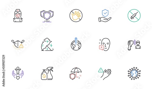 Stress protection, Face declined and Nurse line icons for website, printing. Collection of Cleaning liquids, Volunteer, Umbrella icons. Do not touch, Insurance hand, Coronavirus web elements. Vector
