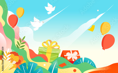 Father's day dad and son playing together with various plants and gift boxes in the background, vector illustration