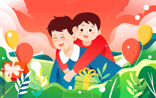 Father s day dad and son playing together with various plants and gift boxes in the background  vector illustration