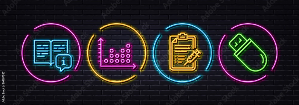 Dot plot, Manual and Vaccine report minimal line icons. Neon laser 3d lights. Usb stick icons. For web, application, printing. Presentation graph, Read book, Vaccination report. Memory flash. Vector