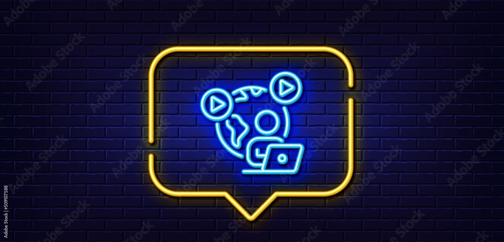Neon light speech bubble. Video conference line icon. Online meeting sign. Start presentation symbol. Neon light background. Video conference glow line. Brick wall banner. Vector Neon light speech bubble. Video conference line icon. Online meeting sign. Start presentation symbol. Neon light background. Video conference glow line. Brick wall banner. Vector